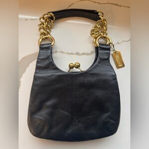 Coach Black Leather Bag with Gold Chain & Plaid Interior